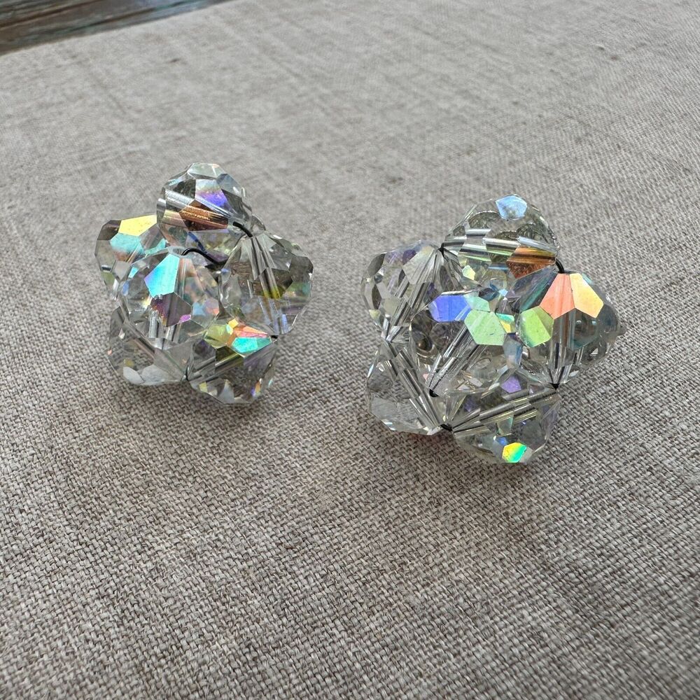 Vintage 1950's LAGUNA Sparkly AB Crystal Flower Cluster Screw Back Earrings 1"